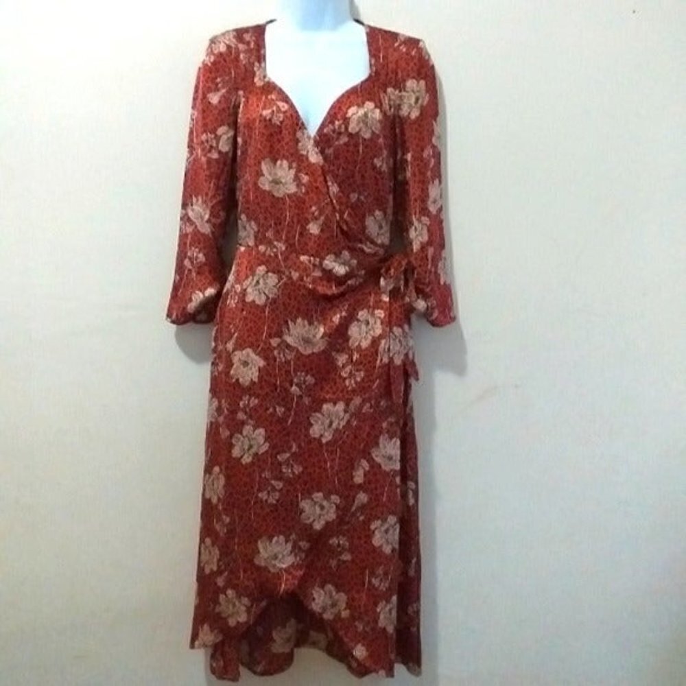Leith Brown animal print floral boho wrap midi party women dress S Cottage Core - Picture 2 of 12